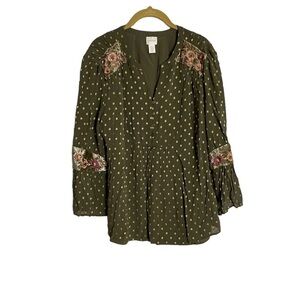 Chicos Green Metallic Polka Dot Floral Boho Blouse 2/L